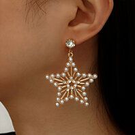 Hollowed Star Style Pearl and Rhinestone Gold plated alloy drop earrings