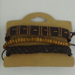 Brown Leather Wooden Beads Multi Layer Adjustable Bracelets Bangles