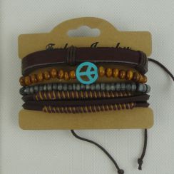 Multi Layer HandMade Peace Sign Adjustable Brown Leather Rope Bracelets