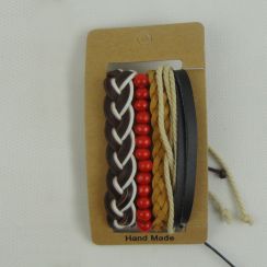 HandMade Adjustable Weave Black White Leather Red Wooden Beads Bracelets