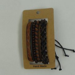 Adjustable Brown Leather Weave Bangle Hand Made Wooden Beads Bracelets 