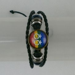 Rainbow Color Base Lesbians Circle Pendant Adjustable Black Leather Bracelets 