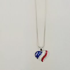 Charm  USA Flag Print Heart Pendant Rhinestone Crystal Necklaces Long Chains Necklaces