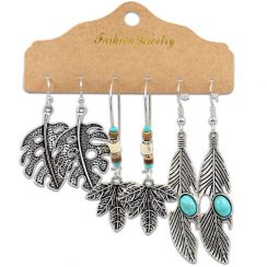 3 Pairs Bohemian Vintage Style Metal Leaf and Turquoise National Retro Dangling Earrings