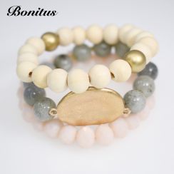 Stone and Crystal with Wooden Beads 3 Lines Combine Bracelets